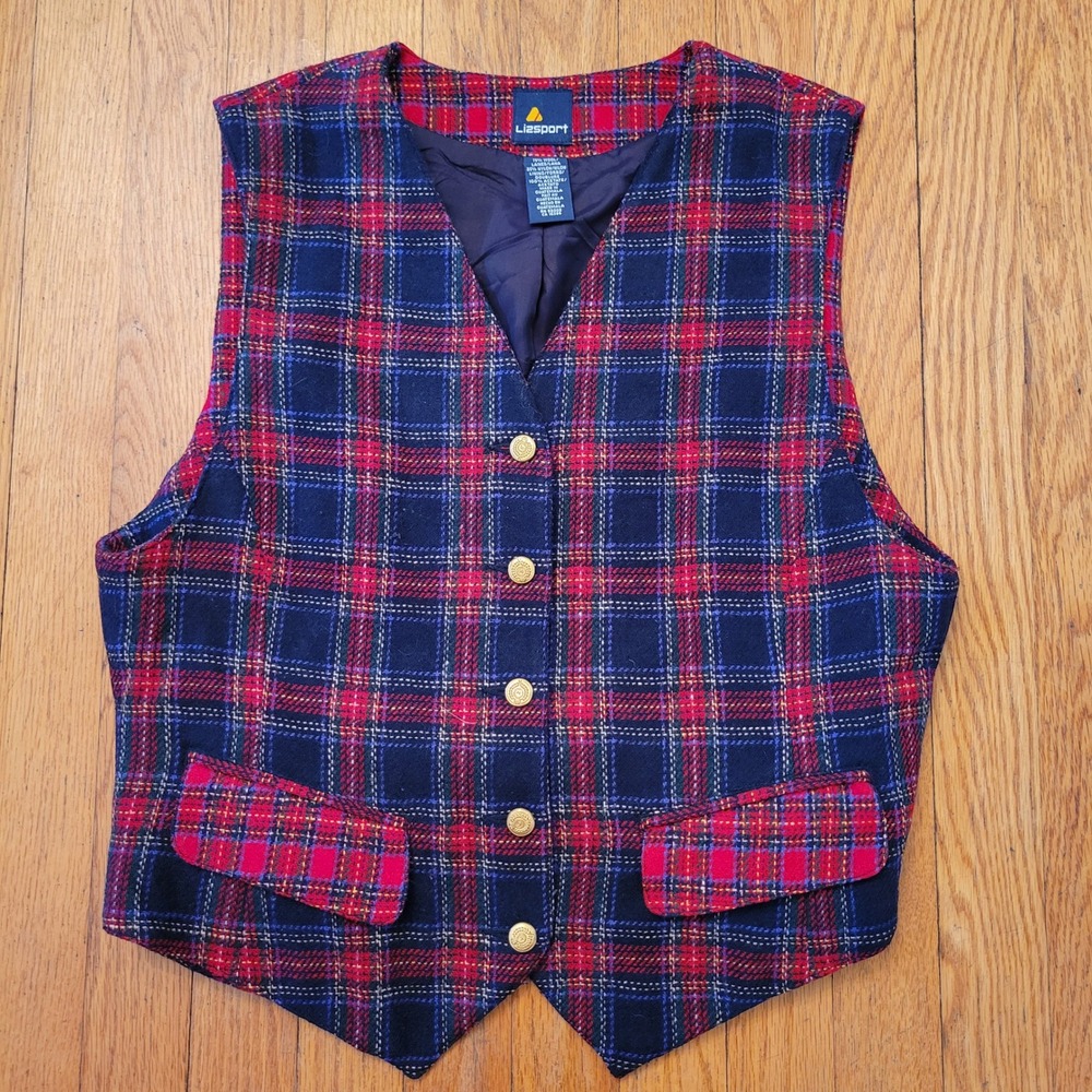 Lizsport Wool Plaid Vest Navy Red Cinch Back Waistcoat School Girl Preppy Granny